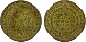 BOLIVIA: Republic, 50 centavos, 1902, KM-Pn56, unadopted pattern, brass, NGC graded AU55.

Estimate: USD 100 - 150