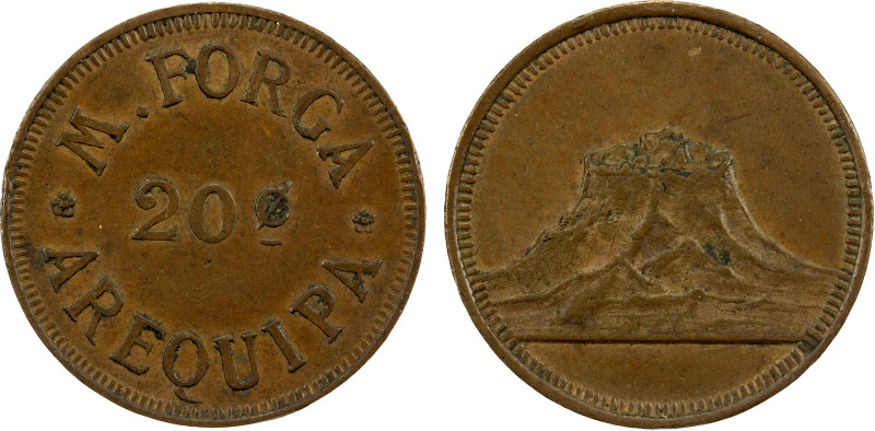 PERU: M. Forga, AE 20 centavos (5.94g), ND (ca. 1875?), Rulau-Aqp 4. Eklund-1237...