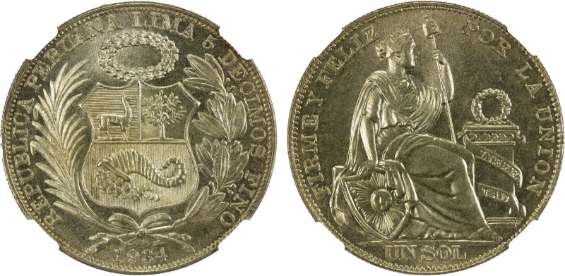 PERU: Republic, AR sol, 1934, KM-218.2, superb luster and strike, a lovely examp...