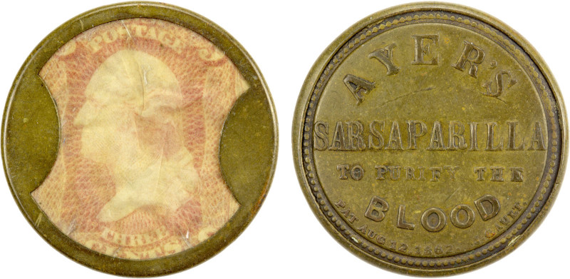 UNITED STATES: 3 cent encased postage, ND (1863), HB-30, EP-34A, Ayer's Sarsapar...