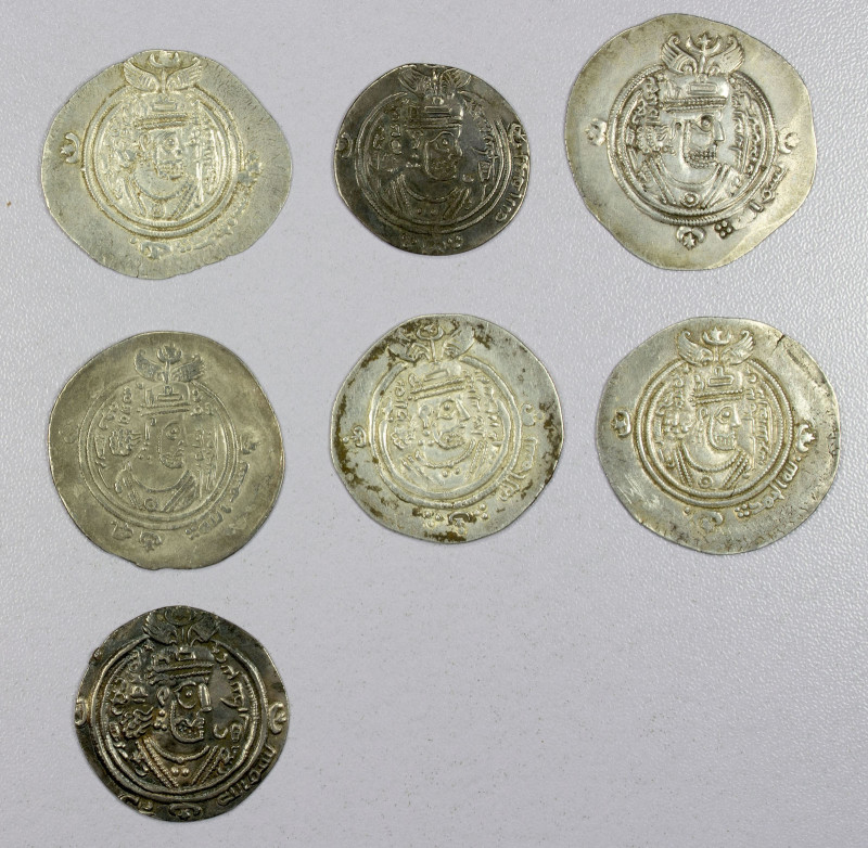 ARAB-SASANIAN: LOT of 7 silver drachms, including Khusro type (A-4), DA (Darabji...