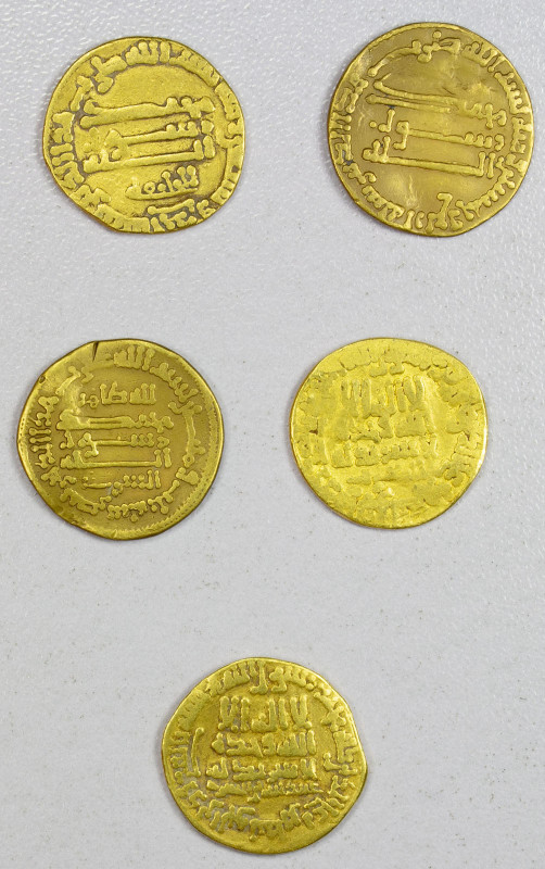 ABBASID: LOT of 5 gold dinars, including types: A-212: anonymous, NM, AH154 (3.5...