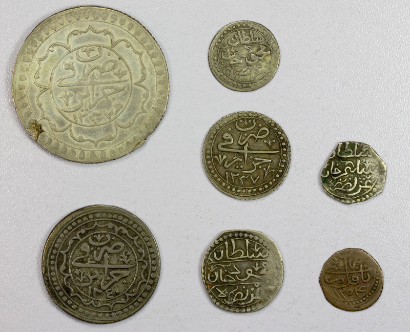 ALGIERS: LOT of 7 silver coins, KM-40, 1/8 budju AH1218; KM-62, 1/3 budju 1234; ...