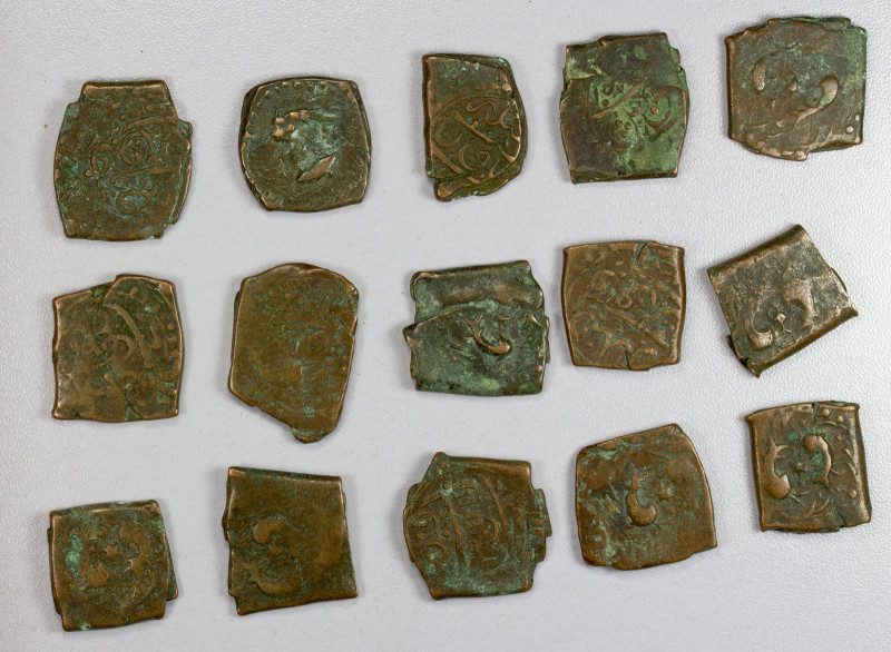 CIVIC COPPER: LOT of 15 copper fulus, Qandahar mint, type A-3253, Va-9, two fish...