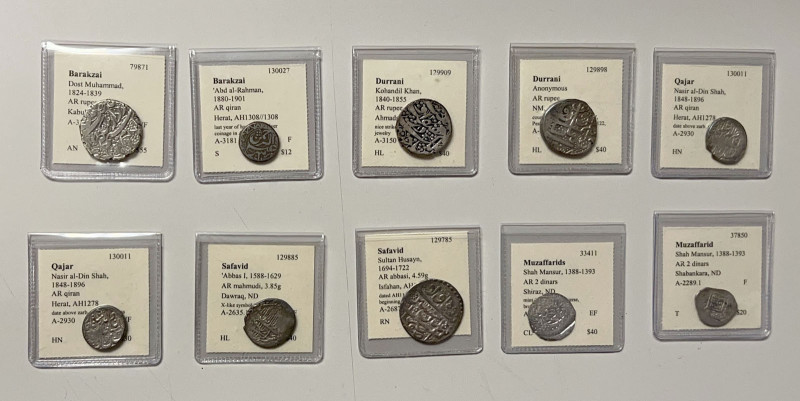 MEDIEVAL ISLAMIC: LOT of 10 coins, including Muzaffarid (2 pcs), Safavid (2), Qa...