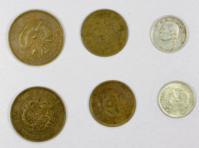 CHINA: LOT of 6 coins, an interesting and diverse lot of copper and silver coins...