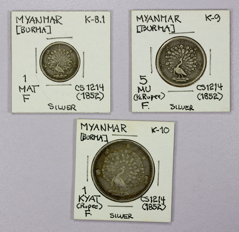 BURMA: LOT of 3 coins, including 1 mat, 5 mu, and 1 kyat from CS 1214 (1852), av...