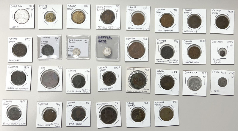 AMERICAS: LOT of 30 coins and tokens, including Canada (23 pcs, Colonial tokens)...