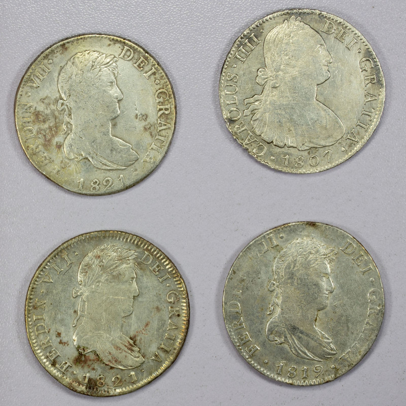 MEXICO: LOT of 4 eight reales coins, Carlos IV: 1807-Mo TH; and Fernando VII: 18...