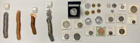 WORLDWIDE: LOT of 184 coins and exonumia items, including Ancient Rome (1 pc, contemporary imitation), Australia (1, contemporary imitation), Canada (...