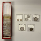 WORLDWIDE: LOT of 55 silver coins, including Austria (1 pc), Bulgaria (1), Egypt (3), El Salvador (1), Japan (2), Latvia (3), Lebanon (2), Liberia (3)...