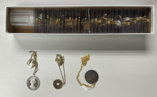 WORLDWIDE: LOT of 37 coin jewelry necklaces, including cut out coins (23 pcs), enameled (2), and coins in bezels (12), including some silver coins and...