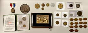 WORLDWIDE: LOT of 2 coins, 29 exonumia pcs, & 1 set, including Spain (2, including 1 medal and 1 prueba set), Swiss Cantons/Basel (1), Swiss Cantons/G...