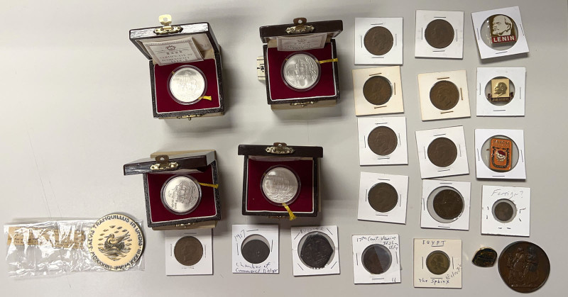 WORLDWIDE: LOT of 24 coins and exonumia items, including Byzantine Empire (1 pc,...
