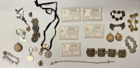 WORLDWIDE: LOT of 24 jewelry items, including pendants (10 pcs, including Tibet yak bone types and 10K gold miniature American coins), pinbacks (2), n...
