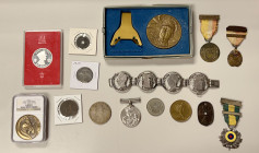 WORLDWIDE: LOT of 15 coins and exonumia items, including Austria (1 pc, Maria Theresa thaler restrike), China (1, [2014] 45mm brass Lunar series horse...