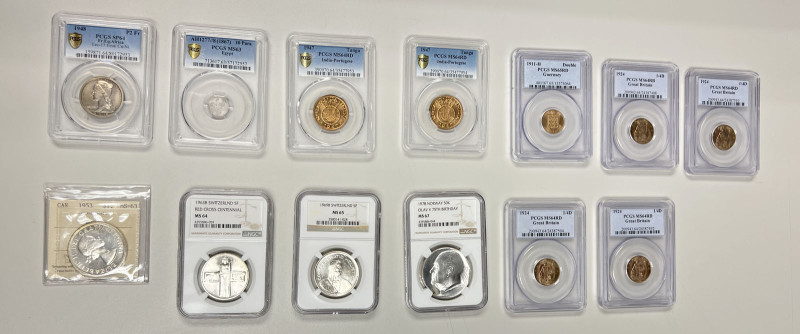 WORLDWIDE: LOT of 13 coins, all certified, including Canada: 1953 NSF dollar ICC...
