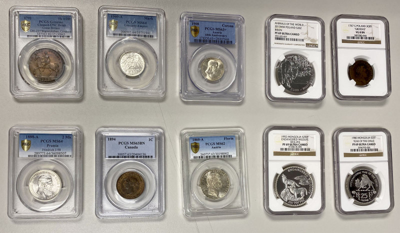 WORLDWIDE: LOT of 10 slabs, including 1860-A Austria florin PCGS MS62, 1908 Aust...