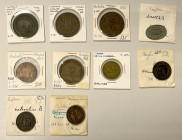 WORLDWIDE: LOT of 10 tokens, including Australia (5 pcs, Advance Australia, Hyde & De Carle, Hanks & Lloyd, Gipps Land Hardware, and Davies Alexander)...