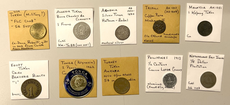 WORLDWIDE: LOT of 10 coins and exonumia items, including Algeria (1 pc, Bone tok...