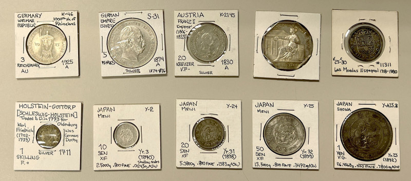 WORLDWIDE: LOT of 9 coins & 1 token, diverse lot including a Prussian 1874 5 mar...