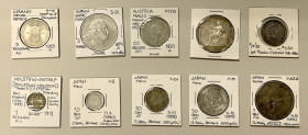 WORLDWIDE: LOT of 9 coins & 1 token, diverse lot including a Prussian 1874 5 mark, Weimar Rhineland 3 mark, Spain 1708 pretender 2 reales, Japan 1892 ...