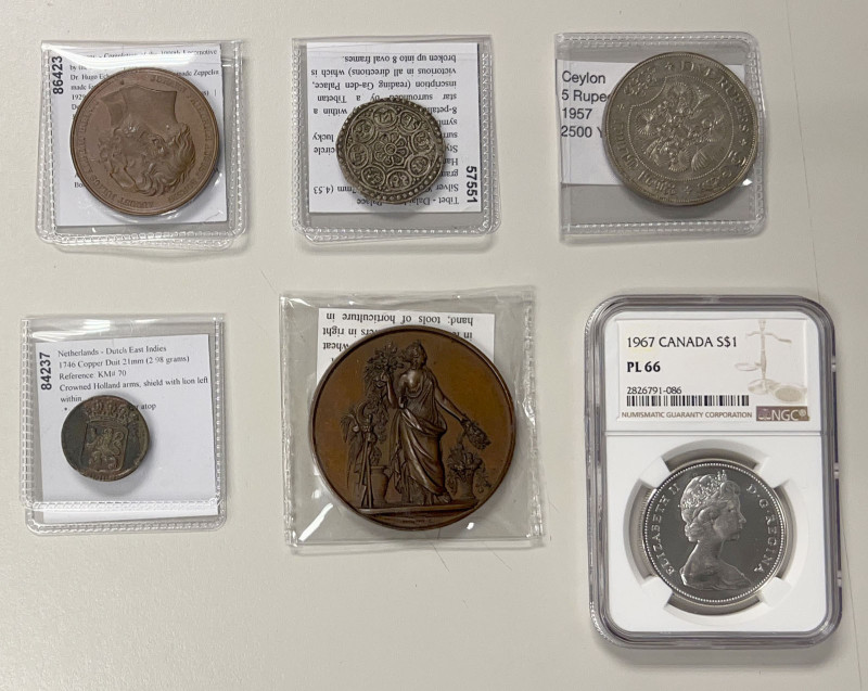 WORLDWIDE: LOT of 4 coins & 2 medals, including Coins: Canada, AR $1 1967, NGC P...