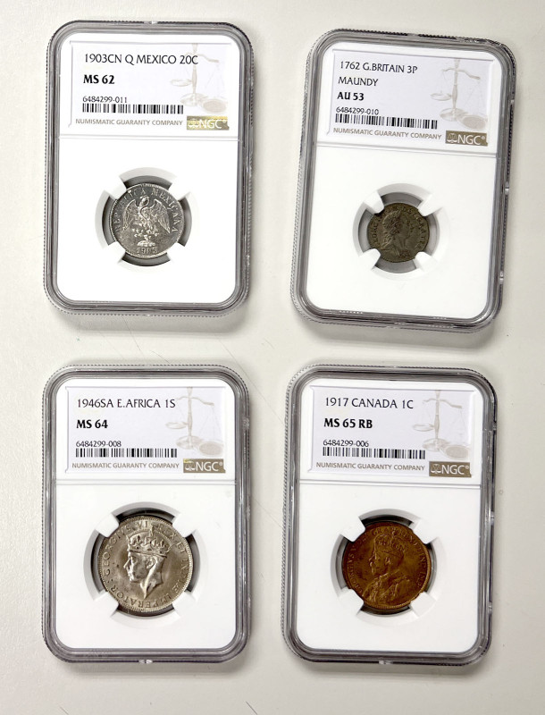 WORLDWIDE: LOT of 4 coins, all certified by NGC, including Canada (1 pc, 1917 ce...