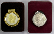 WORLDWIDE: LOT of 2 money clips, including a sterling silver clip with a 1998 American Silver Eagle set within, and another with a partially gilt 1921...