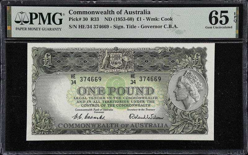 AUSTRALIA. Commonwealth Bank of Australia. 1 Pound, ND (1953-60). P-30. PMG Gem ...