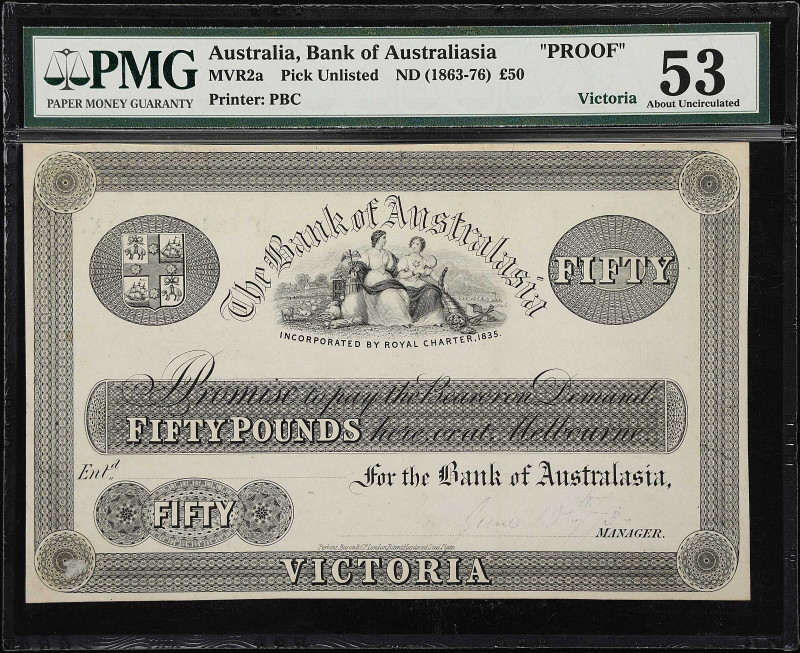 AUSTRALIA. Bank of Australiasia. 50 Pounds, ND (1863-76). P-Unlisted. MVR2a. Pro...