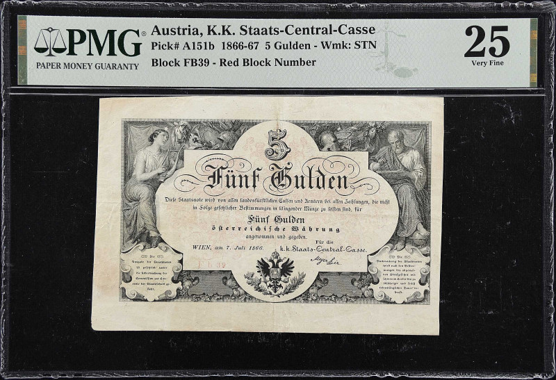 AUSTRIA. K.u.K. Staats-Central-Casse. 5 Gulden, 1866-67. P-A151b. PMG Very Fine ...