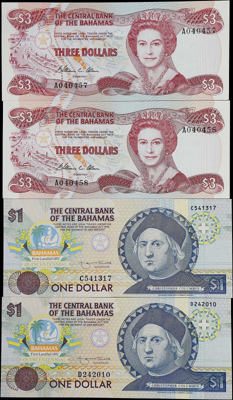 BAHAMAS. Lot of (4). Central Bank of the Bahamas. 1 & 3 Dollars, L. 1974 (1984-9...