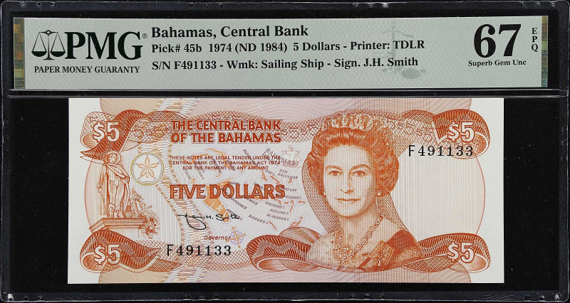 BAHAMAS. Lot of (2). Central Bank of the Bahamas. 5 Dollars, 1974 (ND 1984). P-4...