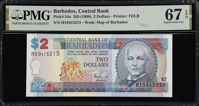 BARBADOS. Central Bank of Barbados. 2 Dollars, ND (1998). P-54a. PMG Superb Gem ...