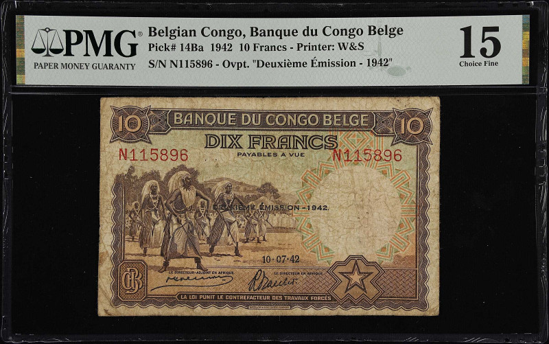 BELGIAN CONGO. Banque du Congo Belge. 10 Francs, 1942. P-14Ba. PMG Choice Fine 1...