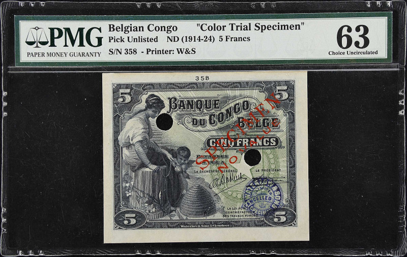 BELGIAN CONGO. Banque du Congo Belge. 5 Francs, ND (1914-24). P-Unlisted. Color ...