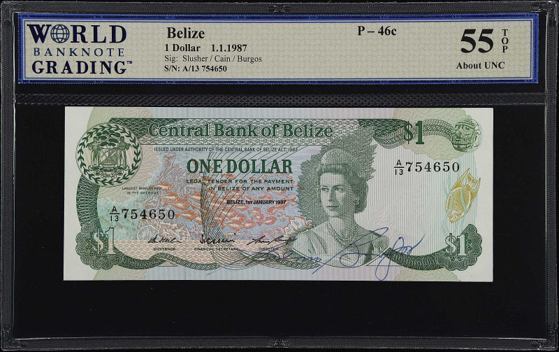 BELIZE. Central Bank of Belize. 1 Dollar, 1987. P-46c. Courtesy Autograph. WBG A...