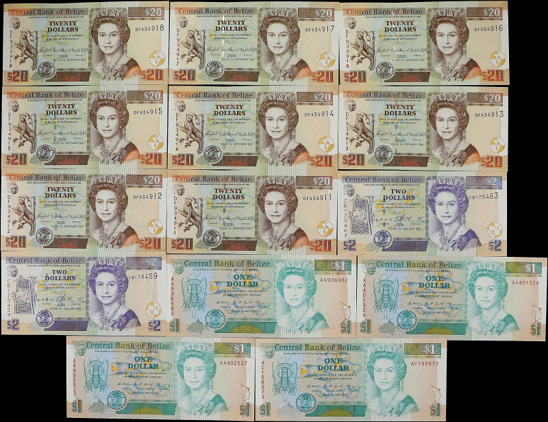 BELIZE. Lot of (14). Central Bank of Belize. 1, 2 & 20 Dollars, 1990-2007. P-51,...