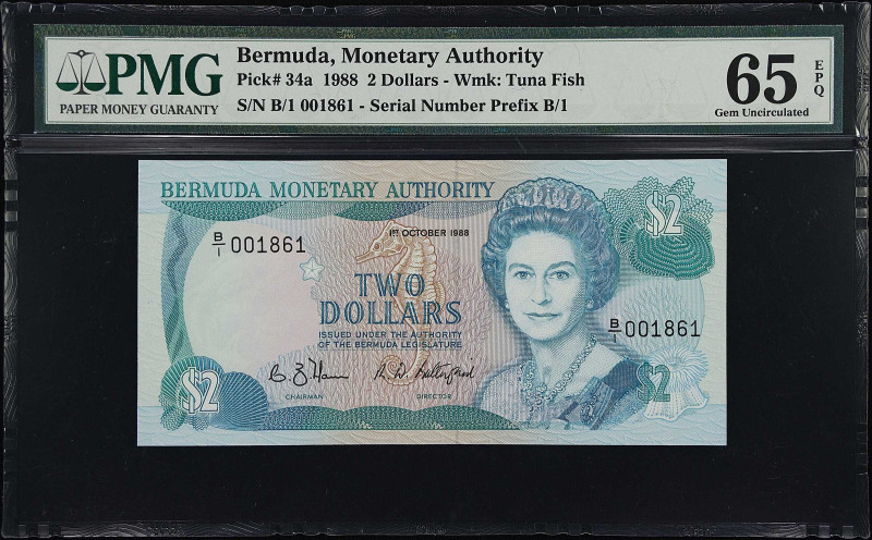 BERMUDA. Lot of (2). Bermuda Monetary Authority. 2 & 20 Dollars, 1988-89. P-34a ...