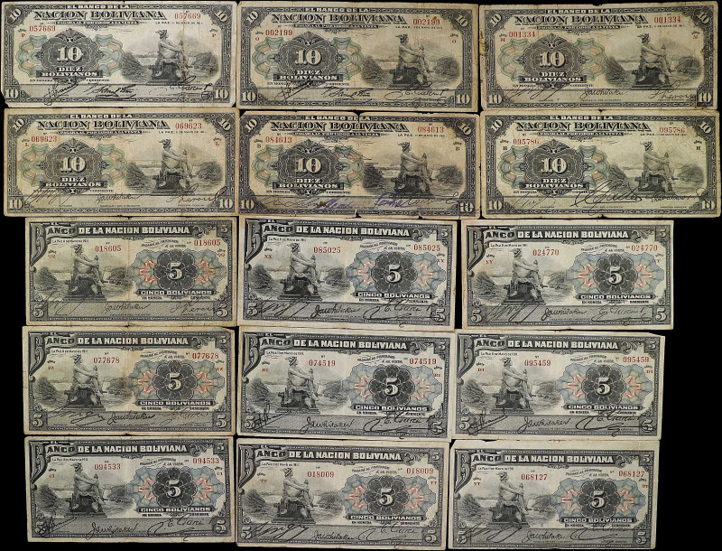 BOLIVIA. Lot of (48). Banco de la Nacion Boliviana. 1, 5 & 10 Bolivianos, 1911. ...