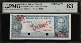 BOLIVIA. Banco Central de Bolivia. 5 Pesos Bolivianos & 10 Bolivianos, Ley de 13 de Julio de 1962 - F. P-121s & 153s. Specimen. PMG Choice Uncirculate...