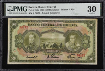 BOLIVIA. Banco Central de Bolivia. 500 Bolivianos, 1928. P-126b. PMG Very Fine 30.
A desirable 500 Bolivianos high denom from the Banco Central's 192...