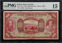 BOLIVIA. Banco Central de Bolivia. 1000 Bolivianos, 1928. P-127a. PMG Choice Fine 15.
Printed by ABNC. Hand signed. A nice 1928 high denomination wit...