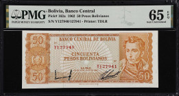 BOLIVIA. Banco Central de Bolivia. 50 Pesos Bolivianos, 1962. P-162a. PMG Gem Uncirculated 65 EPQ.
PMG comments "Mismatched S/N Error".

Estimate: ...