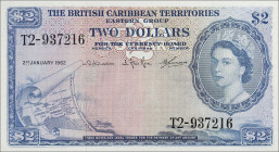 BRITISH CARIBBEAN TERRITORIES. Currency Board of the British Caribbean Territories. 2 Dollars, 1962. P-8c. Choice About Uncirculated.
A popular BWC n...