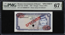 BRUNEI. Government of Brunei. 1 Ringgit, 1988. P-6ds. KNB6S. Specimen. PMG Superb Gem Uncirculated 67 EPQ.

Estimate: $100.00- $200.00
