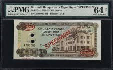 BURUNDI. Banque de la Republique. 500 Francs, 1973. P-24s. Specimen. PMG Choice Uncirculated 64 Net.

Estimate: $300.00- $500.00