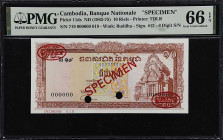 CAMBODIA. Banque Nationale du Cambodge. 10 Riels, ND (1962-75). P-11ds. Specimen. PMG Gem Uncirculated 66 EPQ.

Estimate: $75.00- $125.00
