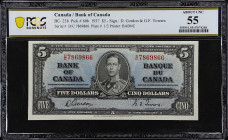 CANADA. Bank of Canada. 5 Dollars, 1937. P-BC-23b. PCGS Banknote About Uncirculated 55.
Deep colored example of the bank of Canada's second $5 bankno...